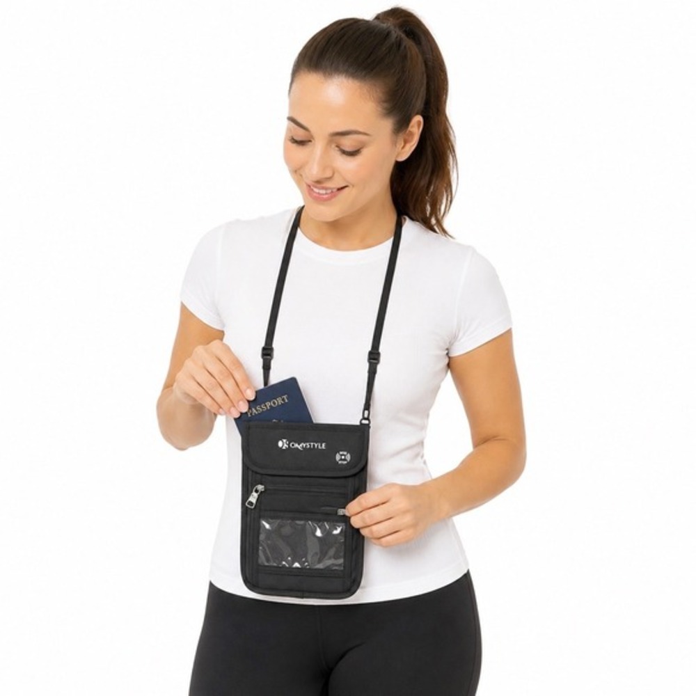OMYSTYLE‎ Black RFID Blocking Travel Passport Wallet Neck Pouch Nylon 90-03